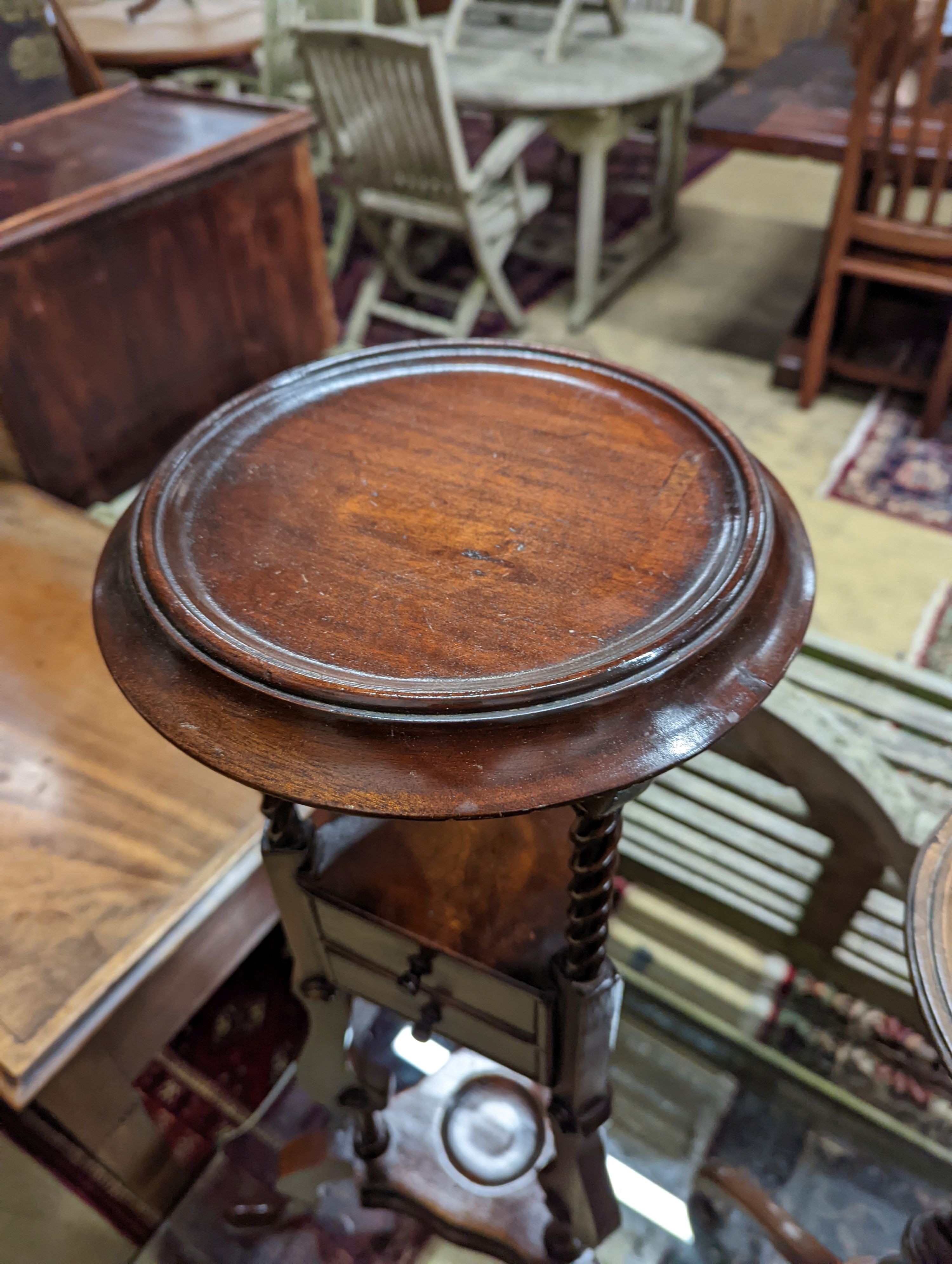 A George I style yew and walnut tripod candlestand, height 97cm, together with one other and a reproduction wash stand